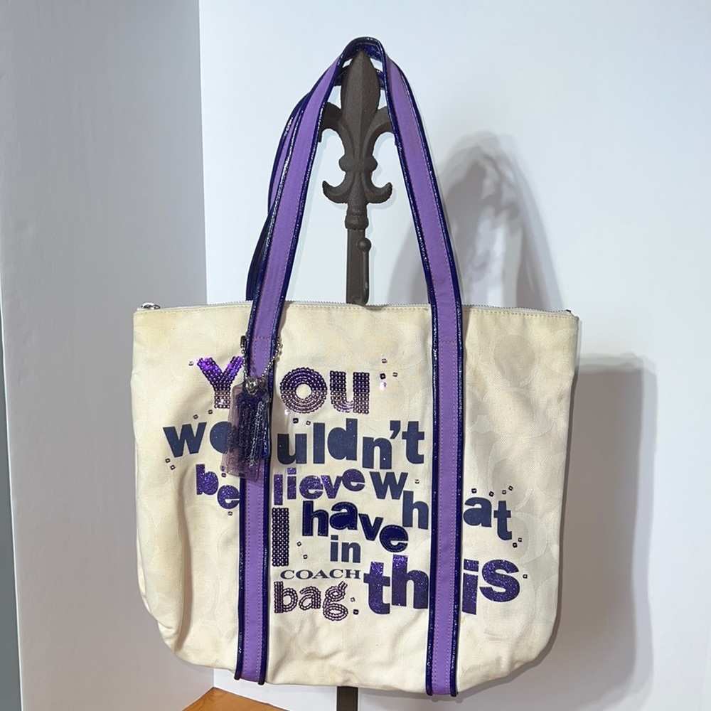 Coach poppy “ you wouldn’t believe what I have in this coach bag”purple tote EUC